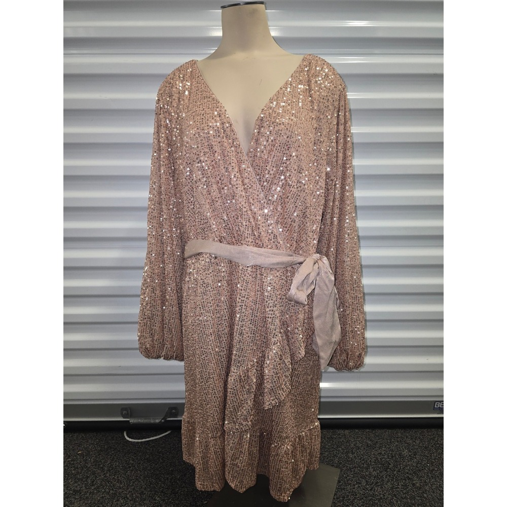 LC Lauren Conrad Rose Gold Sequin Wrap Mini Dress Long Sleeve Ruffle Hem XXL NEW